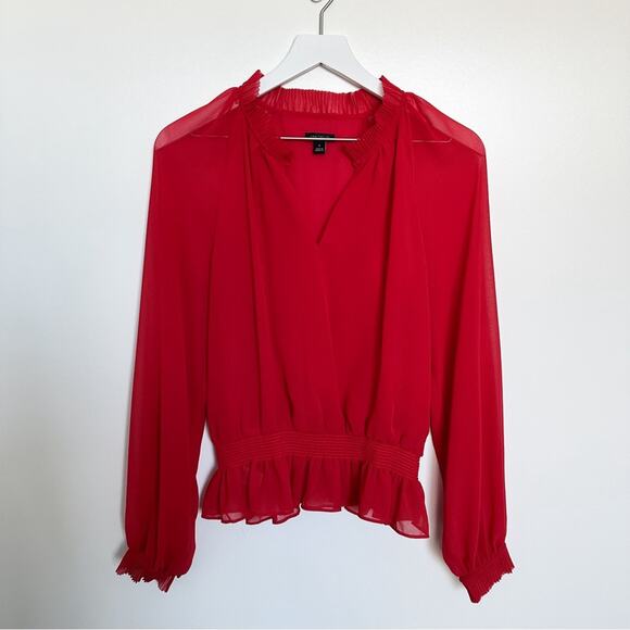 Ann Taylor Women’s Red Pleated Smocked Waist Long Sleeve Blouse - Picture 4 of 11